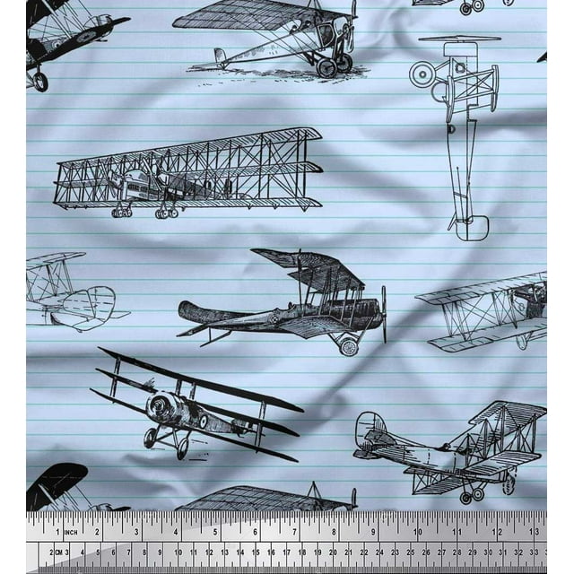 Soimoi Rayon Fabric Stripe & Airplane Transport Printed Fabric 1 Yard 56 Inch Wide