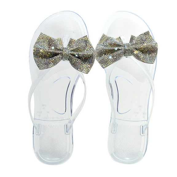 VerPetridure Summer Women's Flat Sandals Rhinestone Bowtie Thong Sandal Strappy Slip On Slides for Daily Beach Pool Size 6.5-7