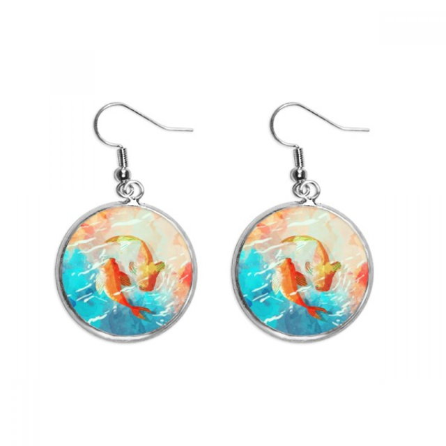 Red Koi Fishes Watercolor Japan Style Ear Dangle Silver Drop Earring Jewelry Woman