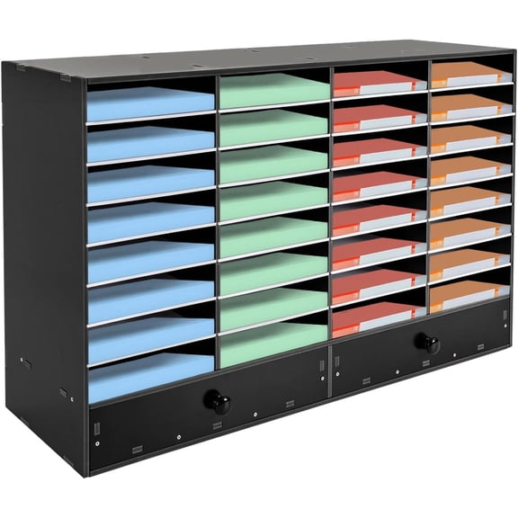 Literature Organizers Mail Sorter Wood Countertop Sorter Student Mailbox 32 Compartments 2 Drawers for Classroom with Adjustable Shelves for Office Home School Mailrooms Organization (Black)