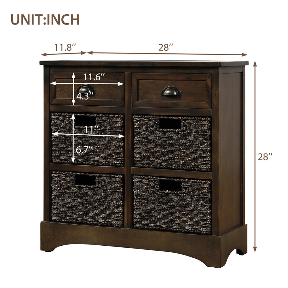 Lowestbest Rustic Storage Cabinet, Buffet Storage Cabinet with Four Classic Fabric Basket, Sideboard Entryway Table with 2Drawers for Kitchen Room, Dark Brown