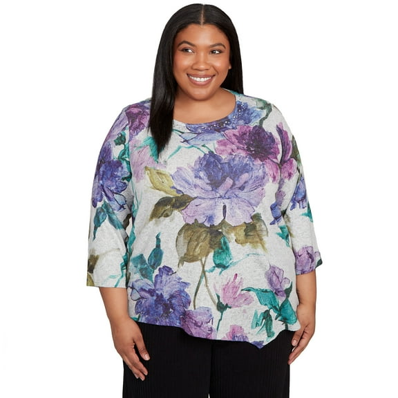 Alfred Dunner Womens Plus-Size Asymmetrical Watercolor Flower Top