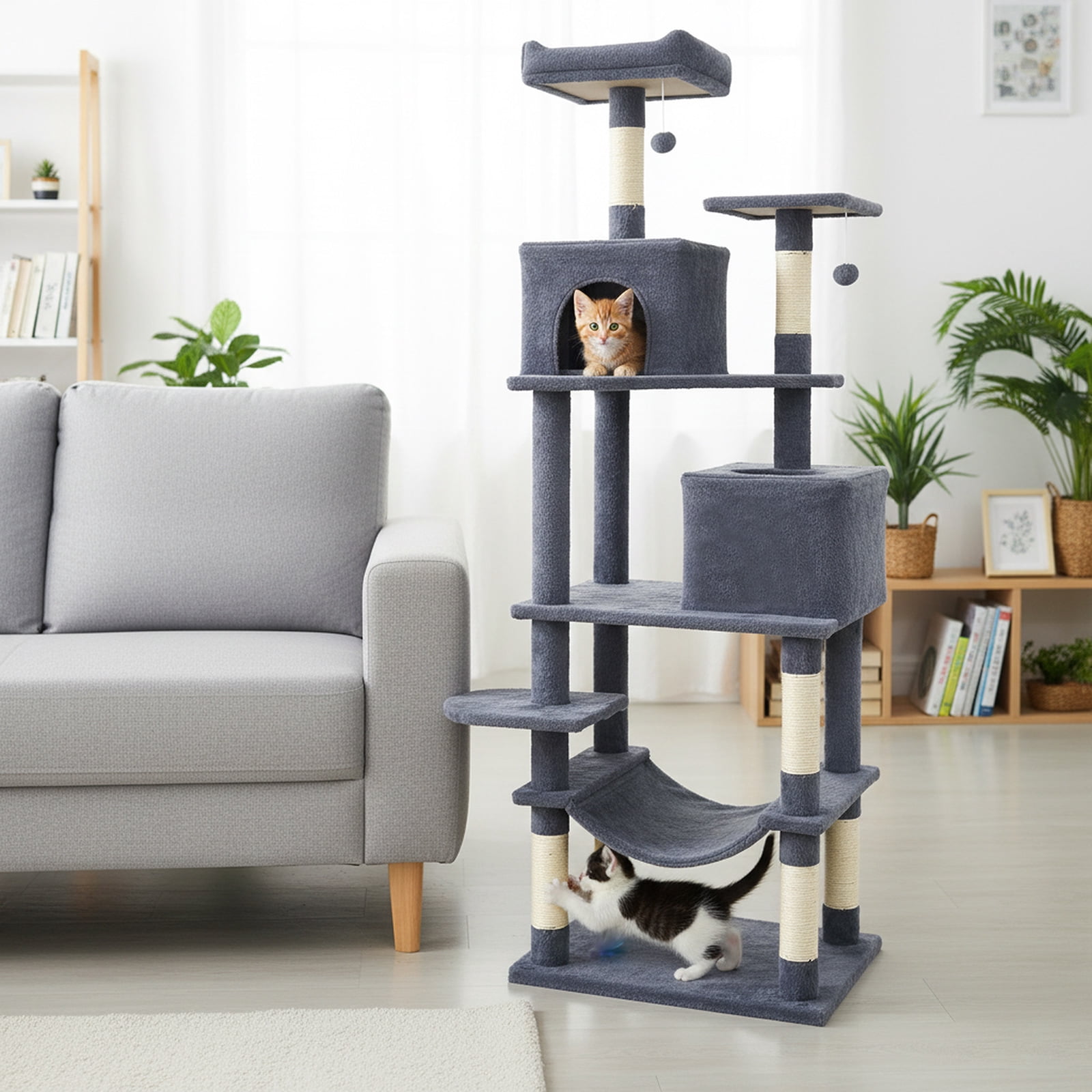 Costway 70” Cat Tree for Indoor Cats with Padded Top Perch, Dual Condos, Hammock, Platforms Dark Gray