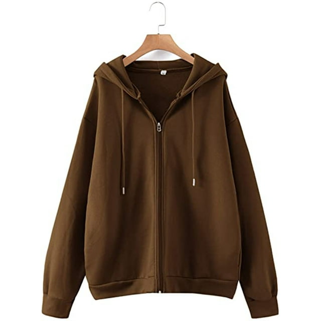 Women's Zip Up Long Sleeve Oversized Drawstring Hoodie Hooded Sweatshirt,Chocolate Brown,L