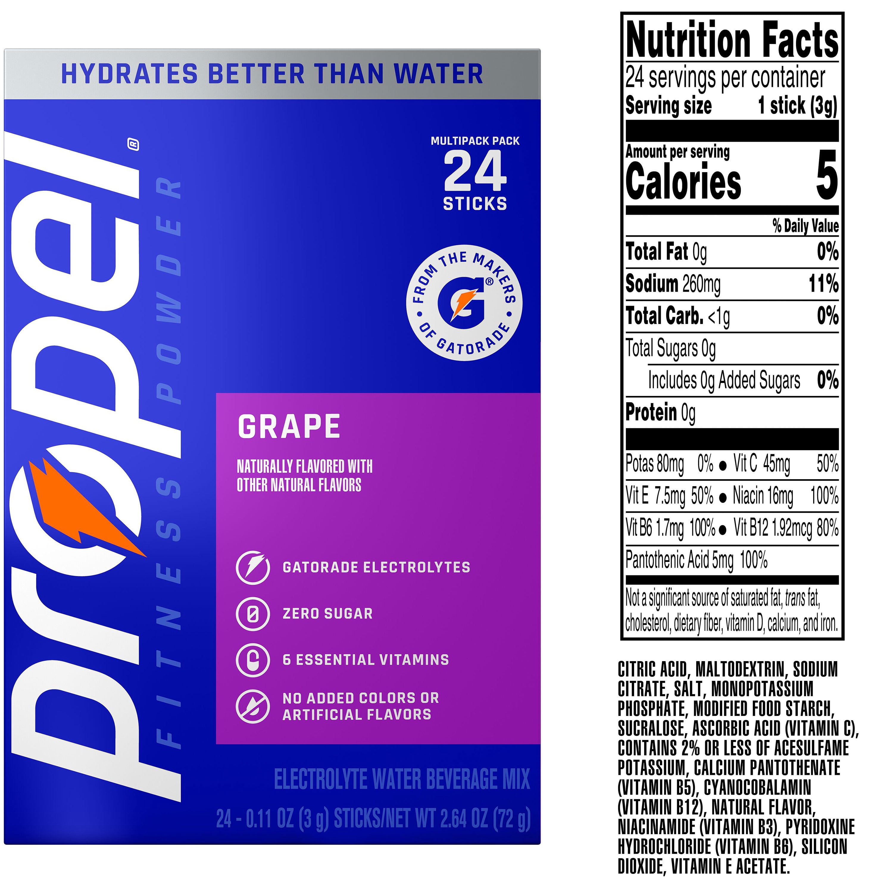 (4 pack) Propel Zero Sugar Grape, On the Go Packs, Electrolyte Powder Drink Mix, 0.11 oz, 24 Count packets
