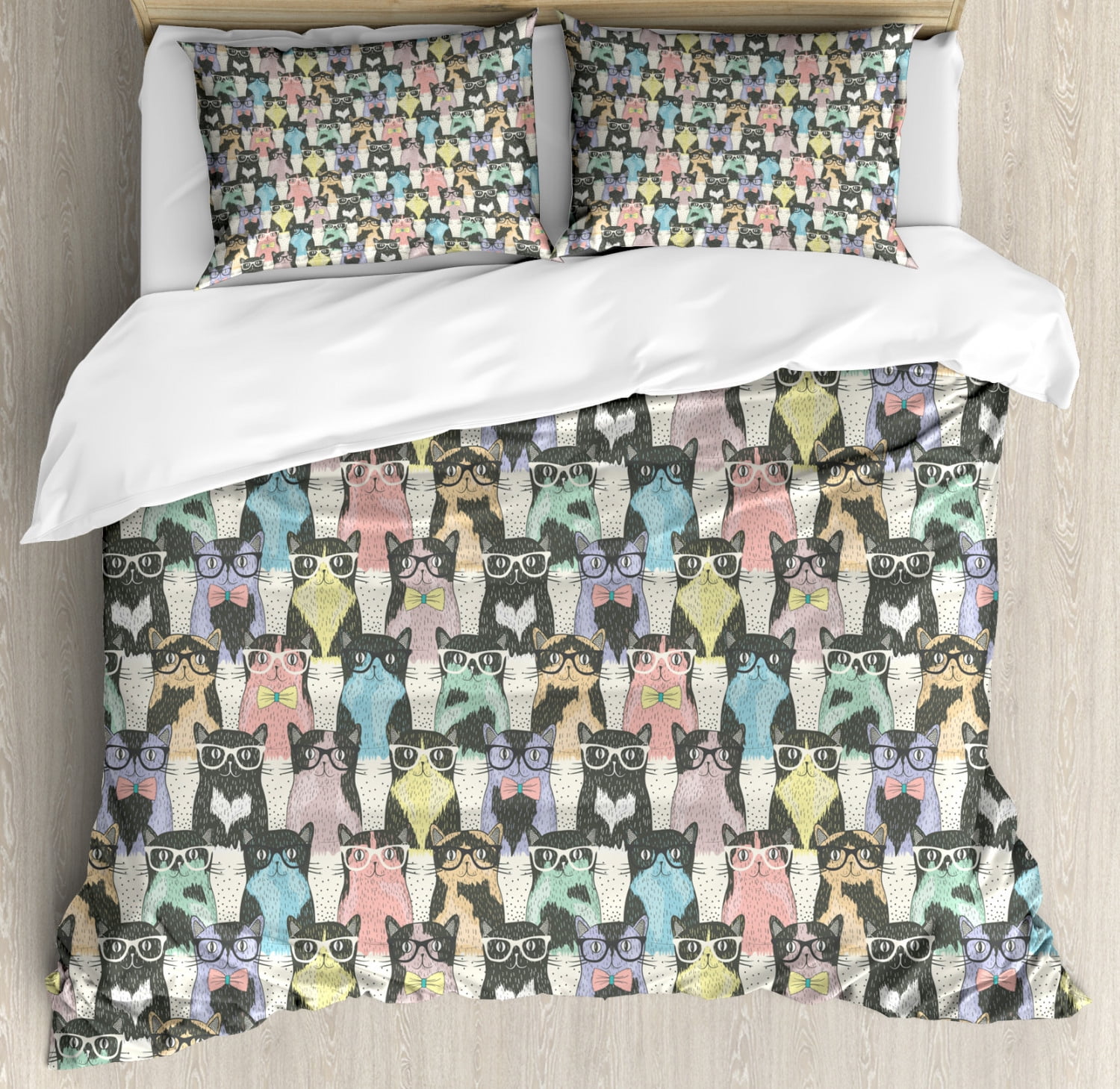 Cat Duvet Cover Set Queen Size, Pattern with Hipster Playful Feline