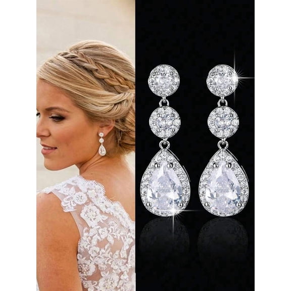 Silver Cubic Zirconia Water Drop Dangle Earrings For Women Wedding Bridal Jewelry Gift