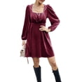thumbnail image 2 of Franhais Women's Summer Velvet A-Line Dress Solid Color Square-Neck Long Sleeve High Waist Mini Dress, 2 of 9