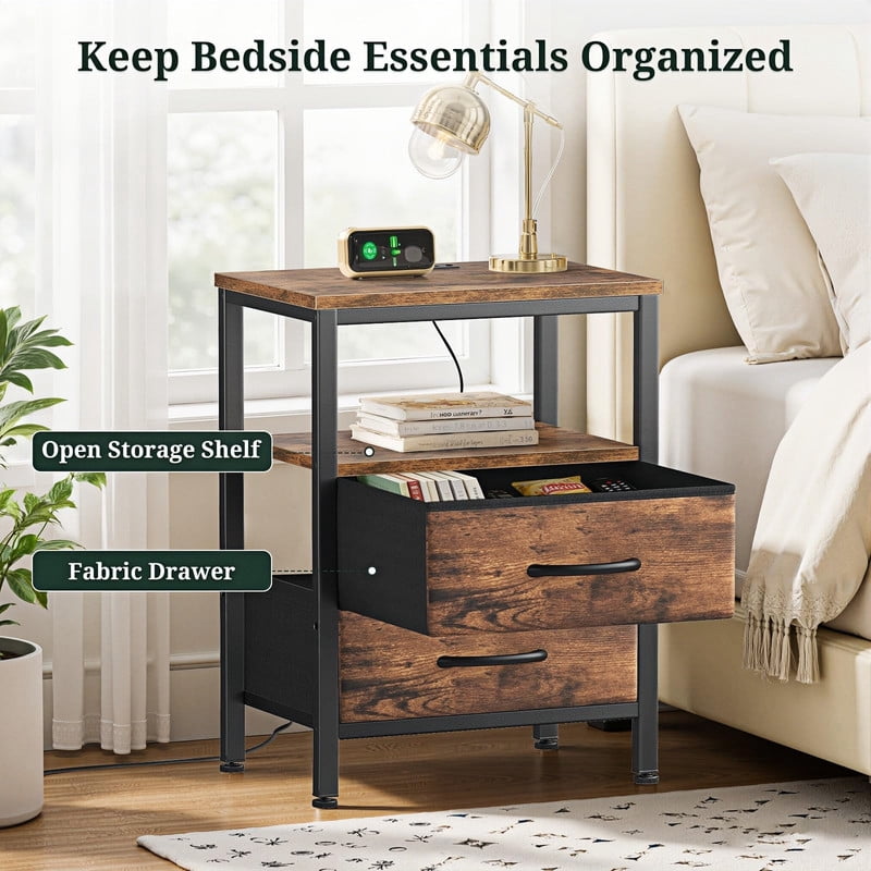 Kelno Nightstand with 2 Fabric Drawers Charging Station USB TypeC Outlets Small Bedside Table with Wood Top Open Storage Shelf, Rustic Brown