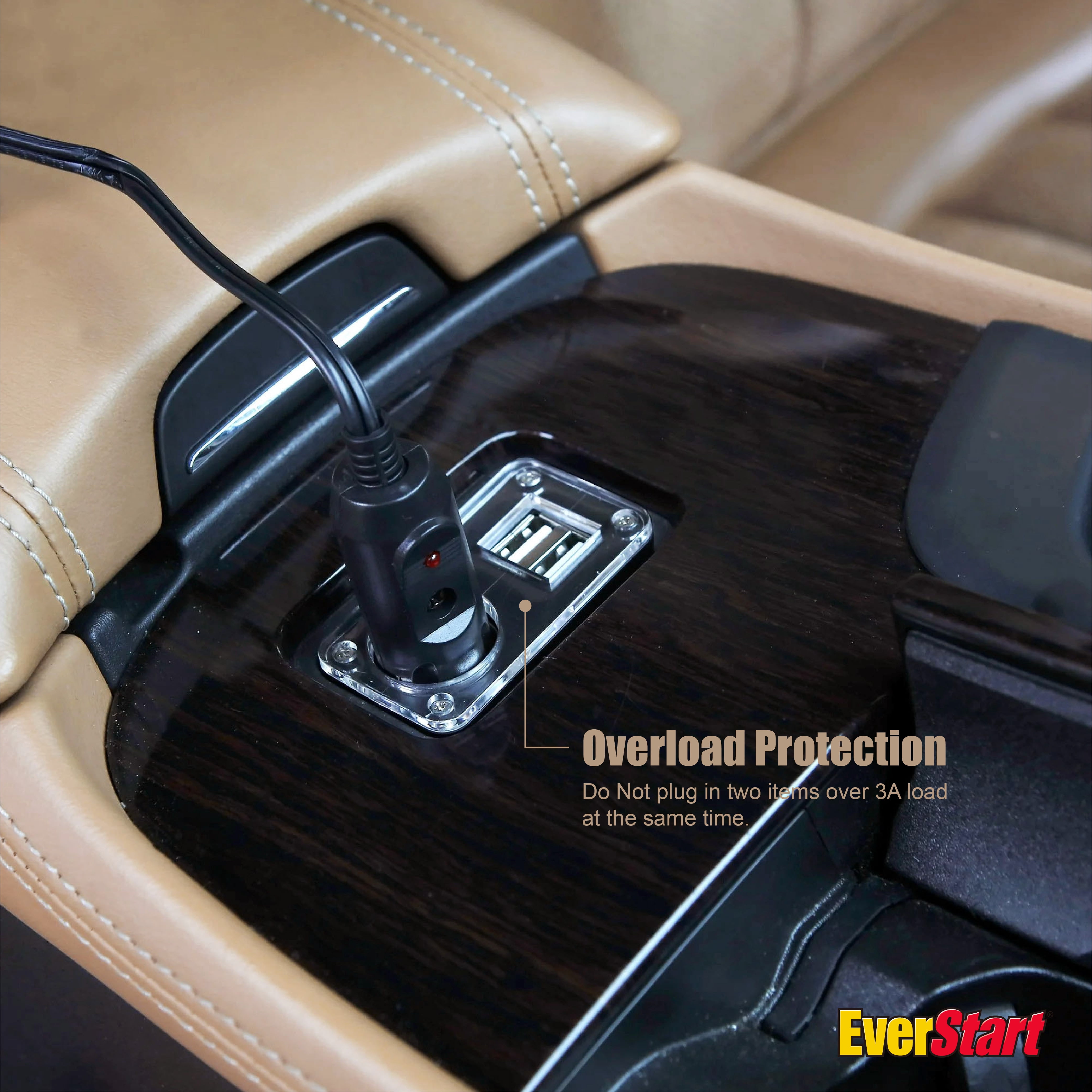 EverStart 12V Dual USB Car Power Adapter with Additional Power Outlet, Easy Installation, Overload Protection, Black