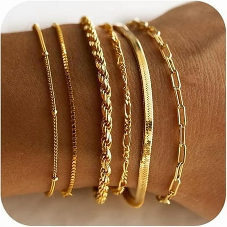 Gold Bracelets for Women – Waterproof Gold Palted Jewelry Sets, Trendy Thin Dainty Stackable Cuban Link Paperclip Chain Bracelets, Fashion Accessories, Gifts for Women（Gold color）