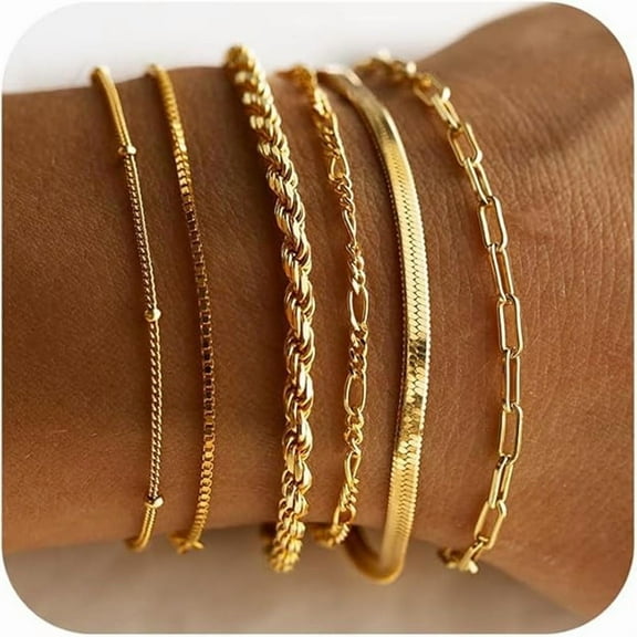 Gold Bracelets for Women – Waterproof Gold Palted Jewelry Sets, Trendy Thin Dainty Stackable Cuban Link Paperclip Chain Bracelets, Fashion Accessories, Gifts for Women(Gold color)