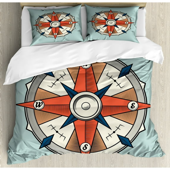 Compass King Size Duvet Cover Set, Compass Illustration Arrows Cartography Journey Path Always North, Decorative 3 Piece Bedding Set with 2 Pillow Shams, Turquoise Pale Orange Blue, by Ambesonne