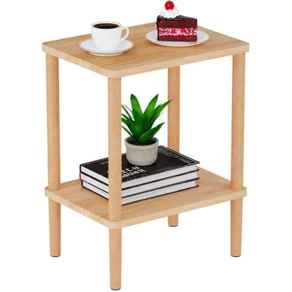 Solid Wood Side Table, 2-Tier Small End Table with Storage Shelf, Narrow Nightstand Bedside Table for Small Spaces, Bedroom, Living Room, Farmhouse, No-Tool Assembly.