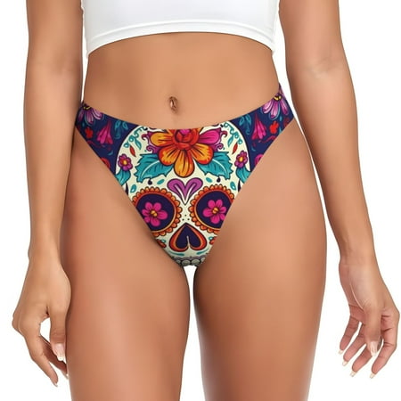 Qokaie Dead Day Party Printed Women s Cotton Thong Underwear  Sexy Breathable Panties G-string-Medium