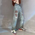 thumbnail image 2 of Pantalones vaqueros para hombre rotos con agujeros Pantalones rectos rotos Pantalones vaqueros masculinos Hip Hop Estampado Desgarrado Elegante Suave Casual Moda 2024, 2 of 4