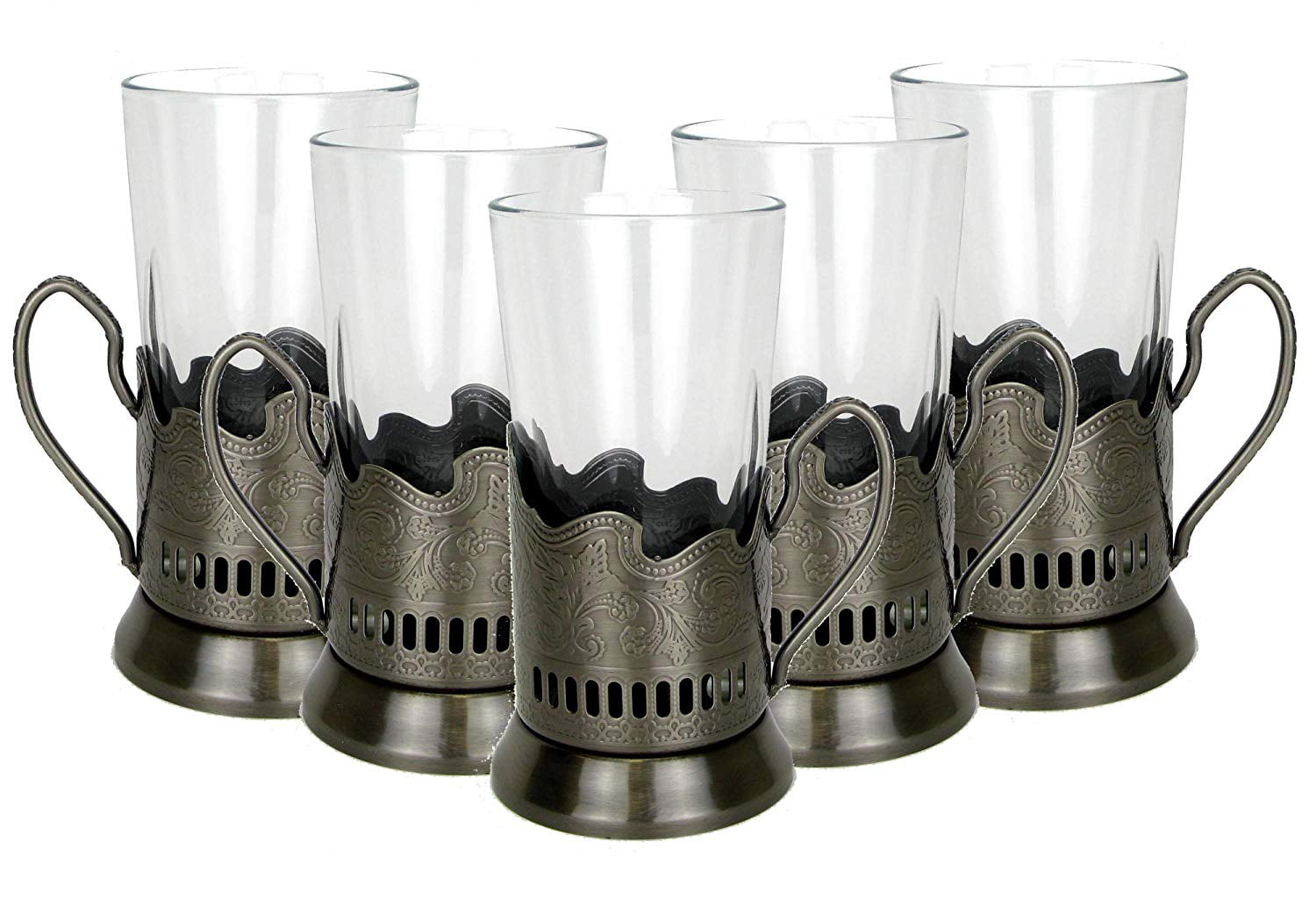 Set of 5 Old Fashioned Tempered Hot Tea Glass, Cup 10 oz w/ Metal Glass
