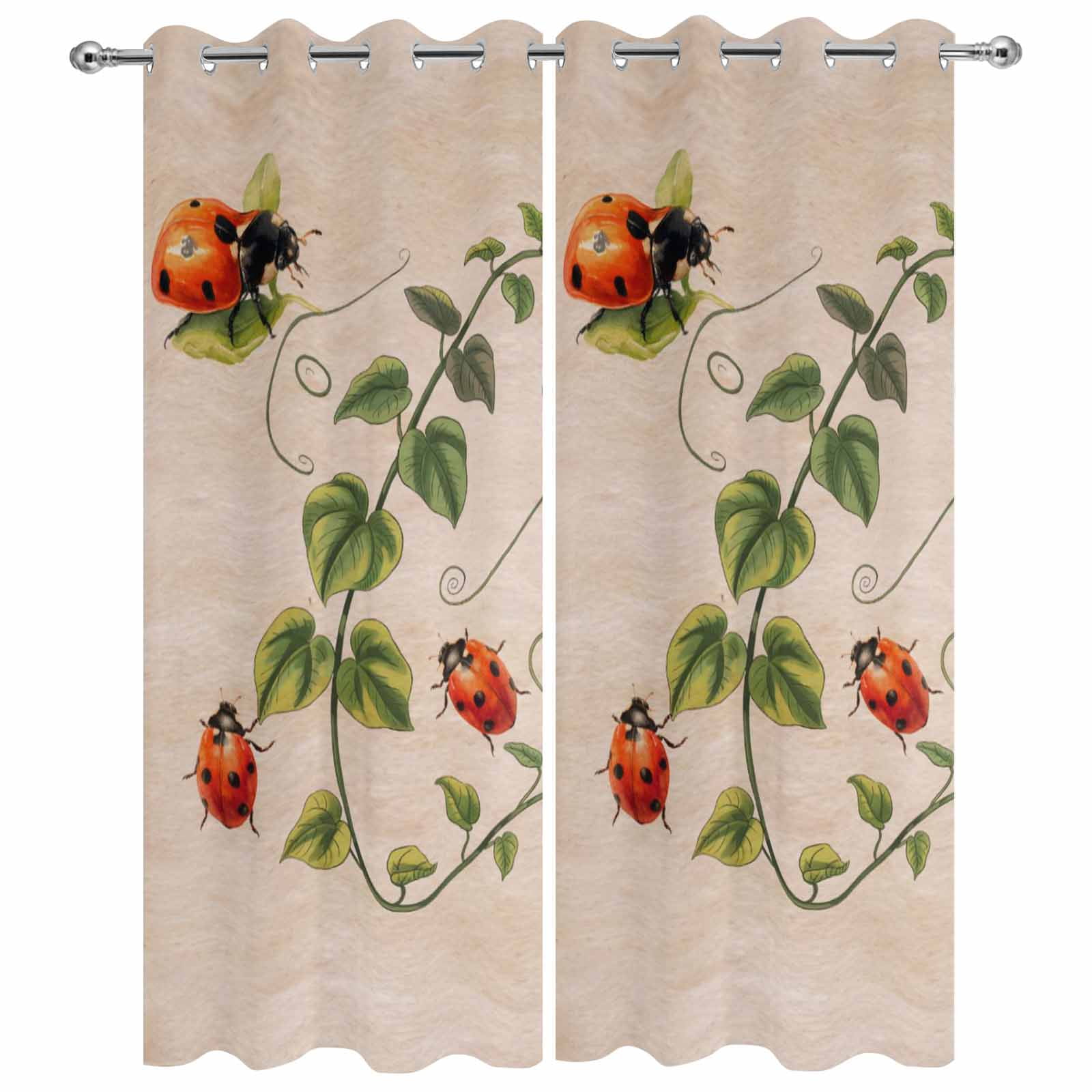 2 Panels Outdoor Curtains for Patio Waterproof 54"x95" Ladybugs Eucalyptus Weatherproof Privacy Outsides Curtains, Spring Botanical Leaves Retro Grommet Thermal Drapes for Cabana Porch Pergola