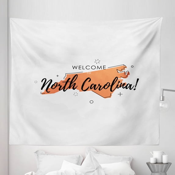 North Carolina Tapestry, Welcome Sign for Entering United States of America with Map View, Fabric Wall Hanging Decor for Bedroom Living Room Dorm, 5 Sizes, Salmon Black White, by Ambesonne