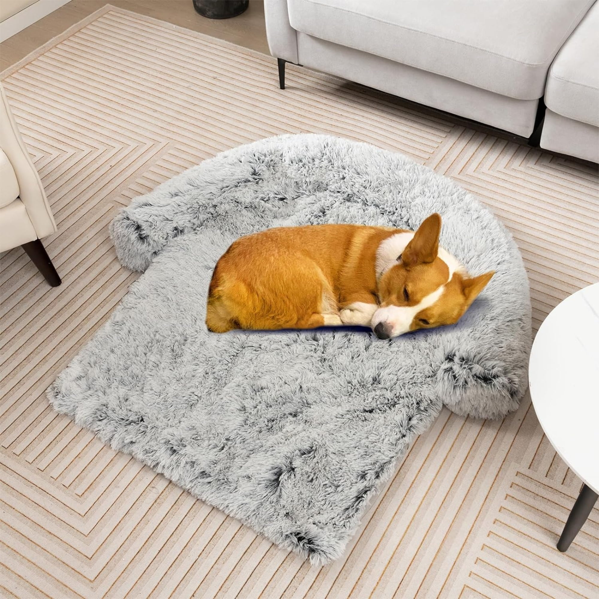 Kadyn 47" Plush Long Fur Dog Couch Bed, Dog Bed Mats with Anti-Slip Bottom, Washable Removable Couch Cover, Perfect for Medium and Large Dogs Cats, Gray-L