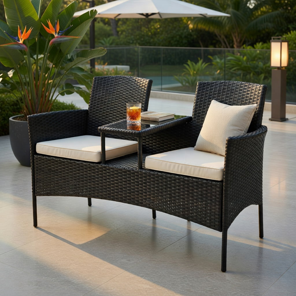 Hommoo Wicker Patio Conversation Set, Weather-Resistant Rattan Sofa with Removable Cushions, Tempered Glass Table, and Steel Frame for Backyard, Poolside or Balcony, White