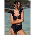 thumbnail image 3 of LOEL Women's Black Ruffle Shoulder Bikini Set High-Waisted Front Tie Two-Piece Swimsuit, 3 of 4