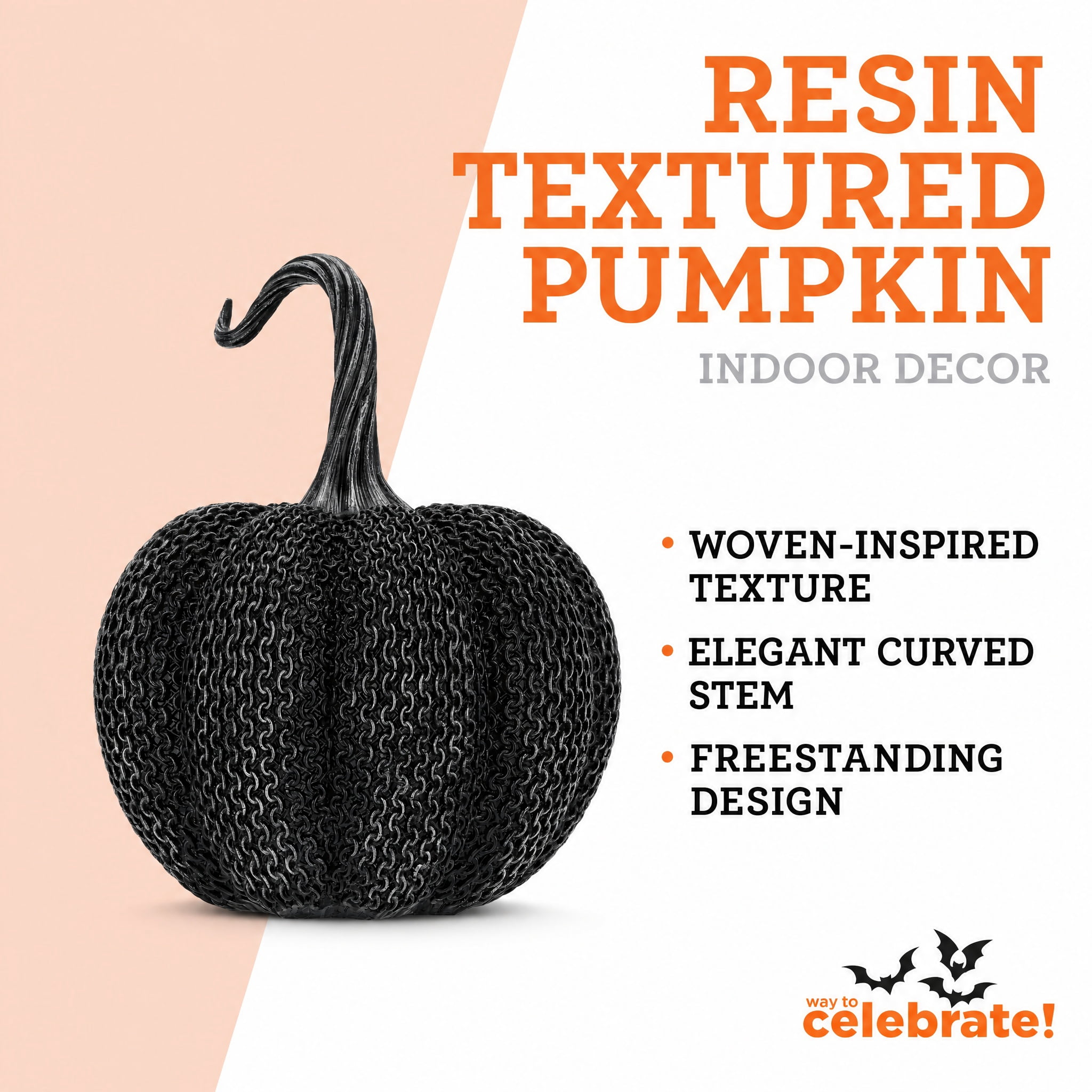 Resin Textured Pumpkin Decoration, Black, 9.5", Halloween by Way To Celebrate