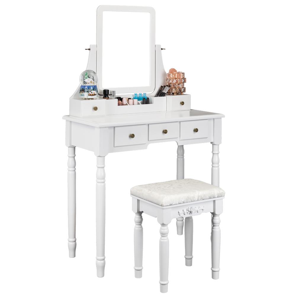 Ktaxon 5 Drawers Vanity Table Set With Mirror Cushioned Stool Makeup Vanity Dressing Table 2 Dividers Movable Organizers White Walmart Com Walmart Com