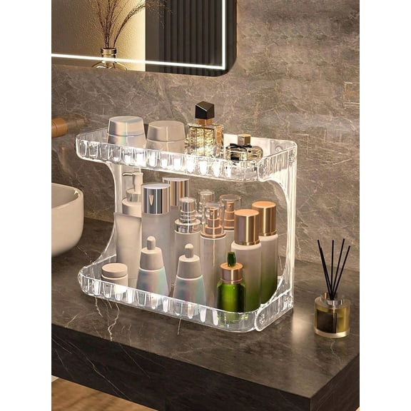 2-Tier Clear Acrylic Bathroom Vanity Organizer, Countertop Storage Shelf for Skincare, Cosmetics, Perfume, Makeup, PET Plastic, Non-Slip
