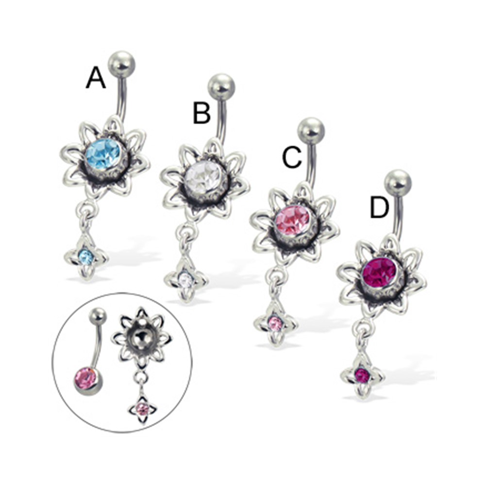 2In1 Belly Button Ring With Dangling Flower (Removable Charm!),Light