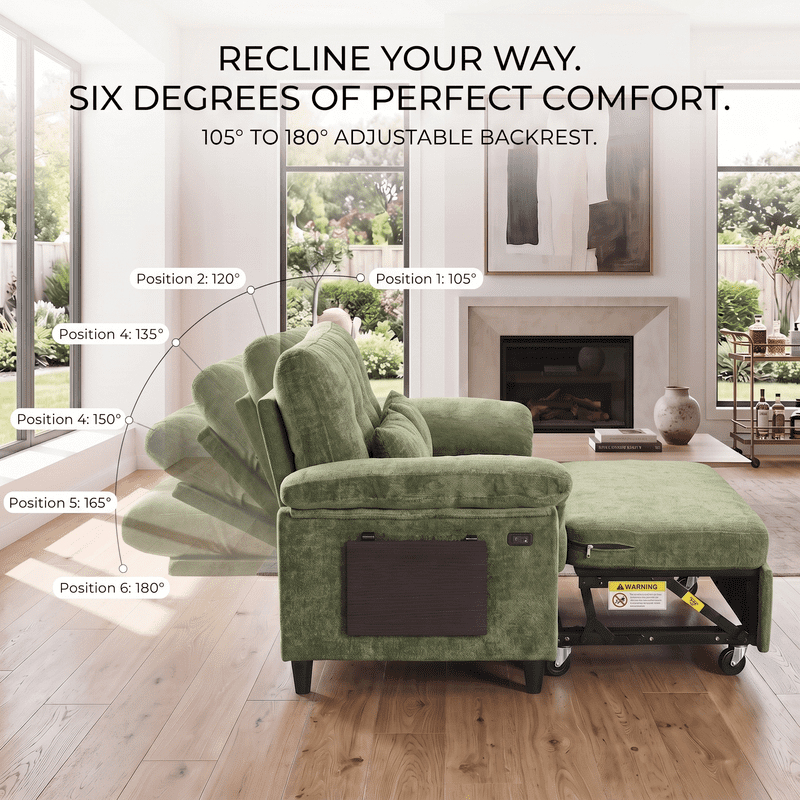 Gewnee 58" Convertible Sofa Bed, Loveseat Sleeper Sofa with USB Ports, Side Table& 6-in-1 Adjustable Backrest, Pull Out Sofa with Pillows for Small Spaces,Chenille(Green)