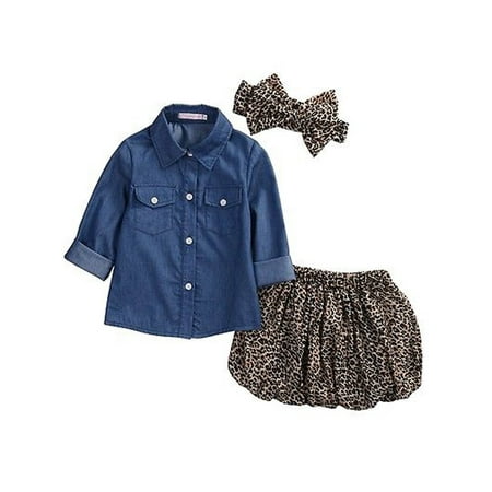 

3PCS Toddler Kids Baby Girls Summer Outfit Clothes denim T-shirt+Short Skirt Set