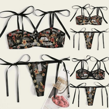 

Womens Underwear G-String Flowers Embroidery Embroidered Underwire Underwear Lingerie Bra Underwear For Women Black M