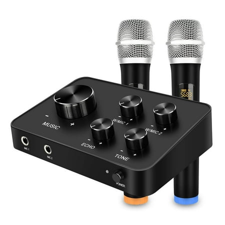 Portable Karaoke Microphone Mixer System Set, with Dual UHF Wireless Mic, HDMI & AUX In/Out for Karaoke, Home Theater, Amplifier,