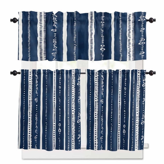 Navy Blue Boho Kitchen Curtains Valances and Tiers Set of 3, 36 Inch Length Tier Curtains and Valance Rod Pocket Valance Curtains Set for Kitchen Bathroom Small Windows