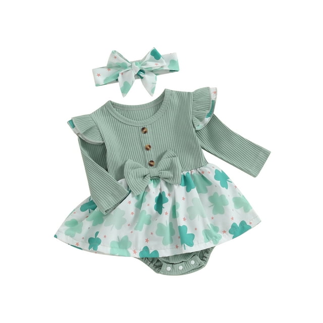 Sylvamorning Robe de Vacances pour Bébés Filles 3M 6M 9M 12M 18M à Volants Manches Longues Col Rond Imprimé Trèfle Ourlet Justaucorps avec Nœud Bandeau Ensemble Vêtements Mignons Quotidiens pour Nourrissons