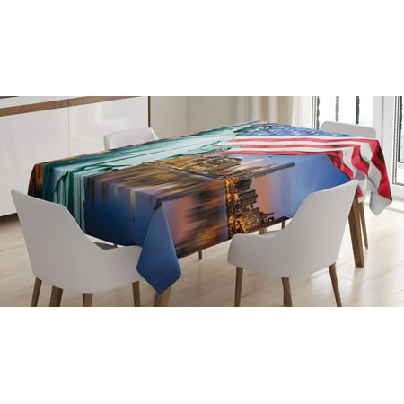 

United States Tablecloth USA Touristic Concept Collection Statue of Liberty NYC Cityscape Flag Cars Rectangular Table Cover for Dining Room Kitchen 52 X 70 Inches Multicolor by Ambesonne