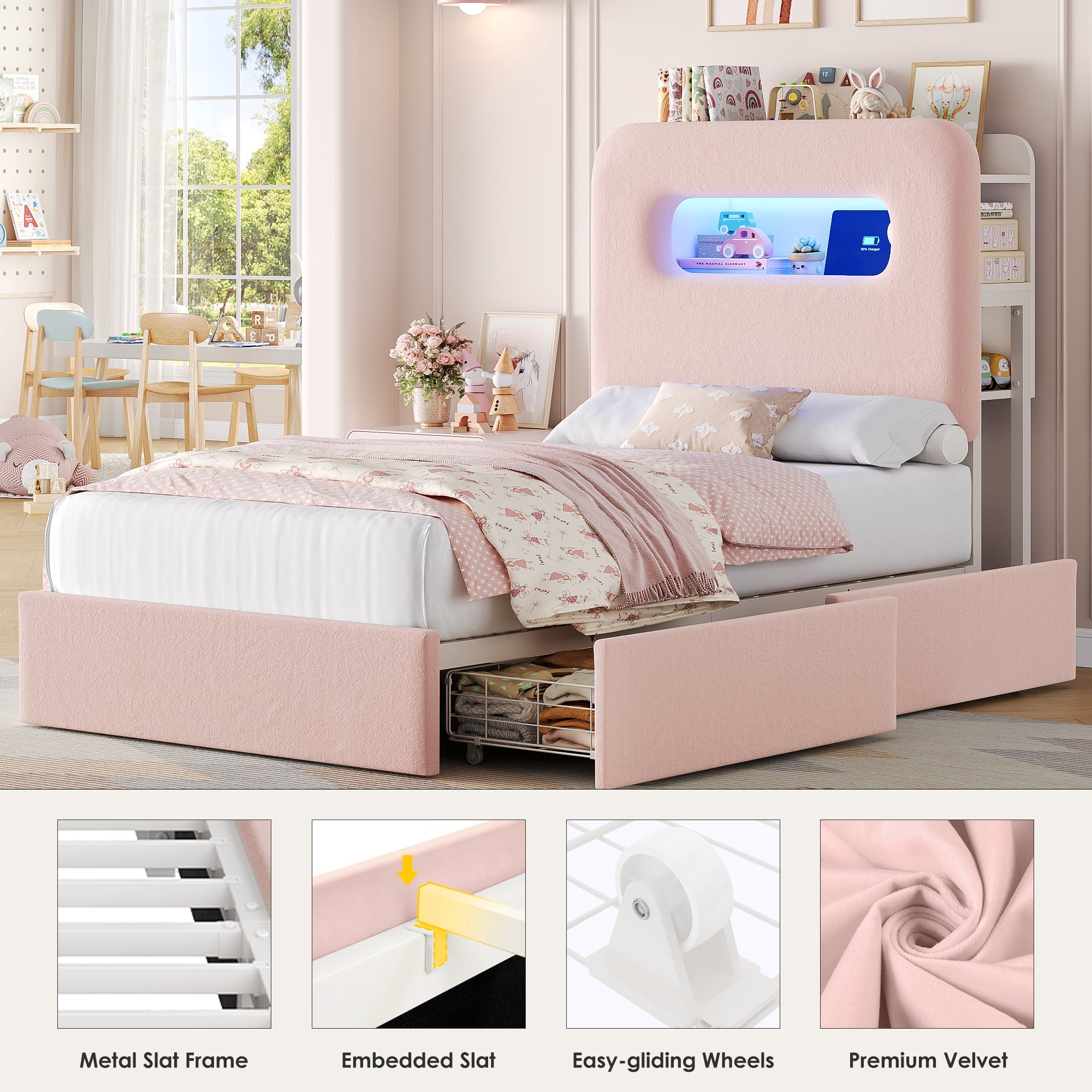 Homfa Twin Size Velvet Upholstered Bed with LED Lights & 2 Drawers, Storage Headboard Platform Bed Frame with USB Ports & Outlets, Pink