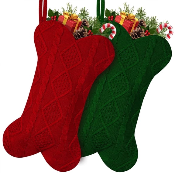 2 Pcs Dog Christmas Stocking Large Knitted Xmas Stockings 18 Inches Fireplace Large Pet Hanging Stockings for Family Holiday Christmas Decoration Red & Green