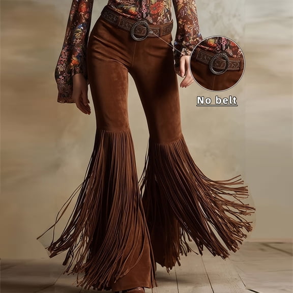 Women's Retro Western Solid Color Suede-Like Flare Pants Bohemian Fringe Detail Pants for Fall/Spring Vacation Dark Brown,S