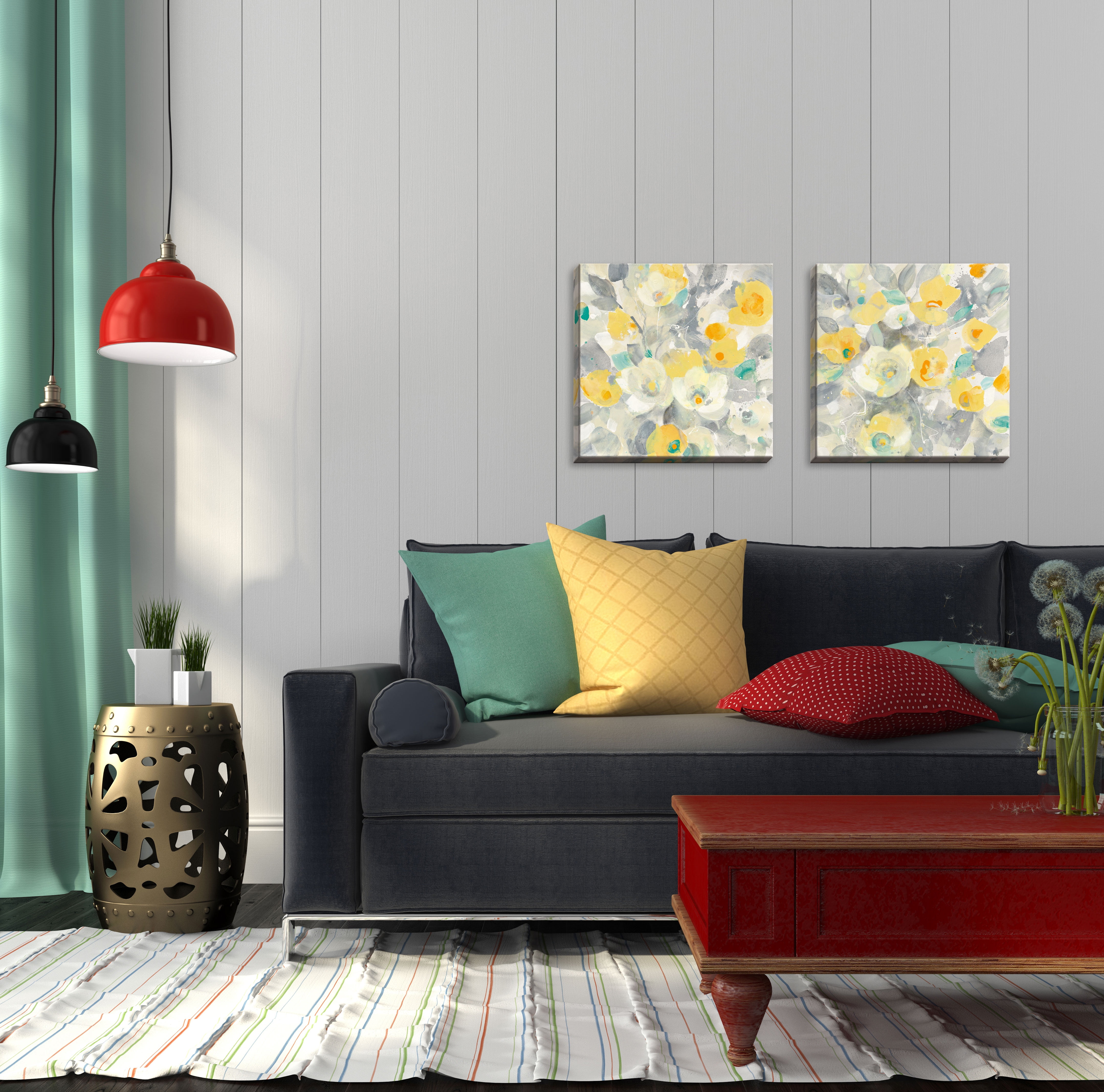 Gango Home Decor Contemporary Buttercups I & II Teal; Two 16x16in Hand