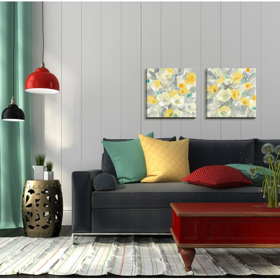 Gango Home Decor Contemporary Buttercups I & II Teal; Two 16x16in Hand-Stretched Canvases