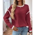 thumbnail image 5 of Female Fashion Crewneck Pullover Sweater Casual Color Block Ribbed Knit Tops Loose Fall Tops Wine Red L, 5 of 9