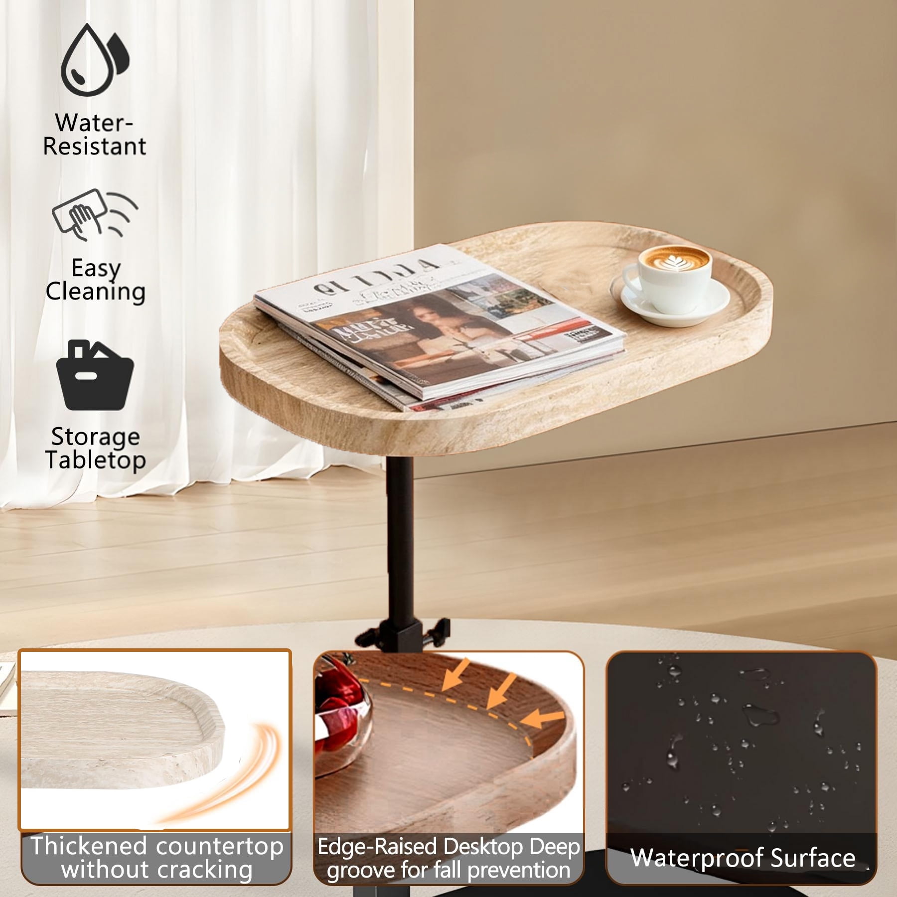 LPAMEOIU Adjustable-Height End Table with 360°Swivel Tabletop,C Shaped Side Table for Home/Office(White Grain)
