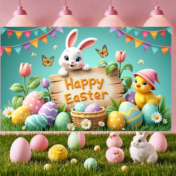 Cute Cartoon Happy Easter Banner Easter Egg Design Easter Backdrop Floral Decor Pastel Color Easter Display for Easter Party Home Decoration Outdoor Celebration