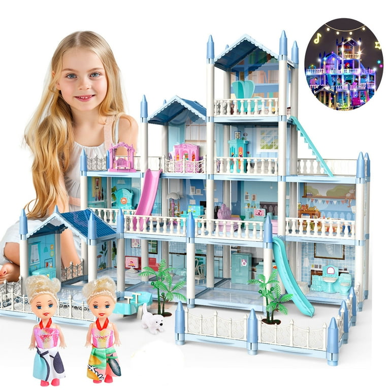 JoyStone Dollhouse with Colorful Light, Pretend Play 14 Rooms DIY  Playhouse, Kids Doll House with Dolls, Creative Gift for Girls, Blue