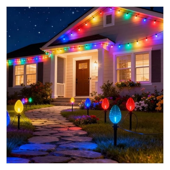 23Ft Christmas Outdoor Lights,Jumbo C9 Christmas Pathway Lights,Multicolor Light Bulbs Walkway Lights or String Lights Waterproof Lawn Decorations,Yard Lights for Holiday Outside Yard Garden Decor