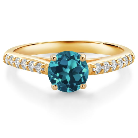 Gem Stone King 10K Yellow Gold London Blue Topaz and White Lab Grown Diamond Engagement Ring for Women (1.28 Cttw, Gemstone November Birthstone, Round 6MM, Size 6)