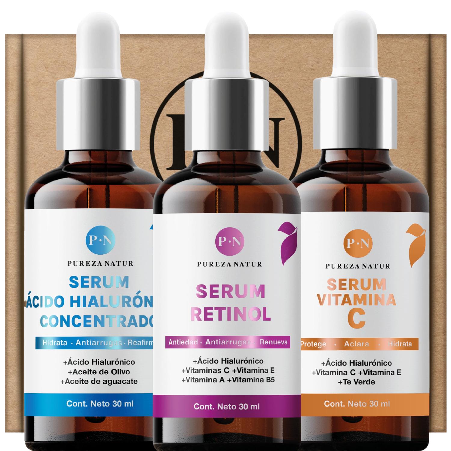 PUREZA NATUR Kit Serum facial Acido Hialurónico, Vitamina C y Retinol ...