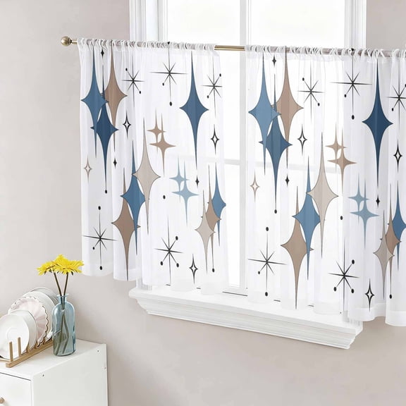 Blue Brown Diamond Sheer Curtains 45 Inch Length 2 Panels Set Window Treatments, Modern Geometric Middle Century Rod Pocket Semi Curtains for Living Room/Bedroom/Kitchen Décor, 104"W x 45"L